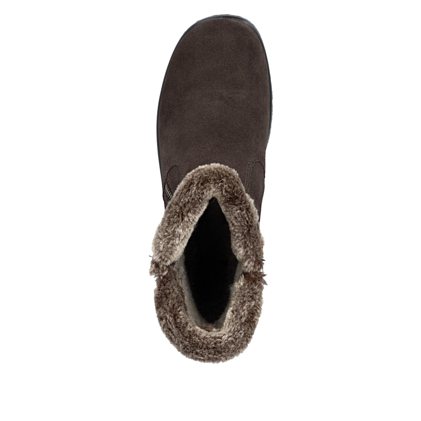 Dunkelbraune Rieker Damen Kurzstiefel L7162-25 aus Rauleder. Schuh von oben.