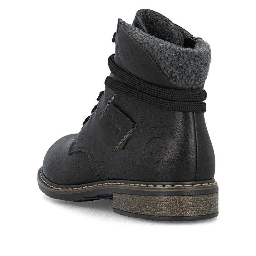 Schwarze Rieker Damen Schnürstiefel 71222-01 mit einem Reißverschluss. Schuh von oben.