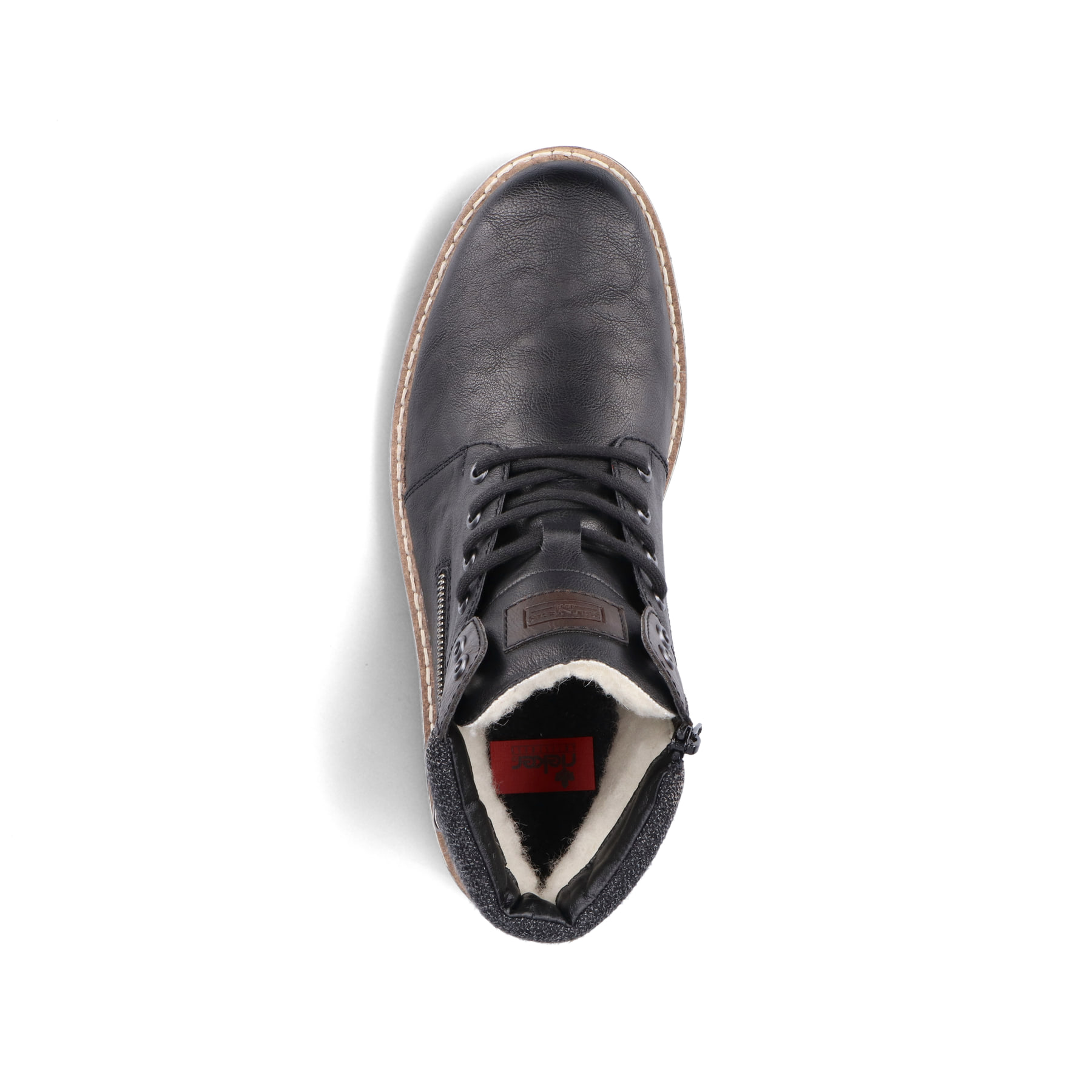 Asphaltschwarze Rieker Herren Schnürstiefel 38441-01 mit einer robusten Profilsohle. Schuh von oben