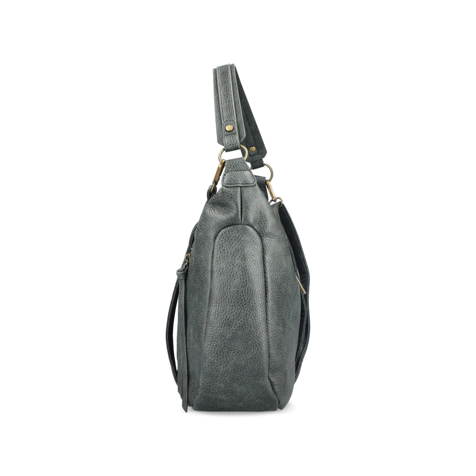 Sac bandoulière Rieker H1016-54 en vert avec fermeture éclair ainsi que poches extérieures et intérieures. Côté gauche.