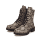 Vegane, beige-schwarze Rieker Damen Biker Boots 72627-20 mit Reißverschluss. Schuhpaar seitlich schräg.