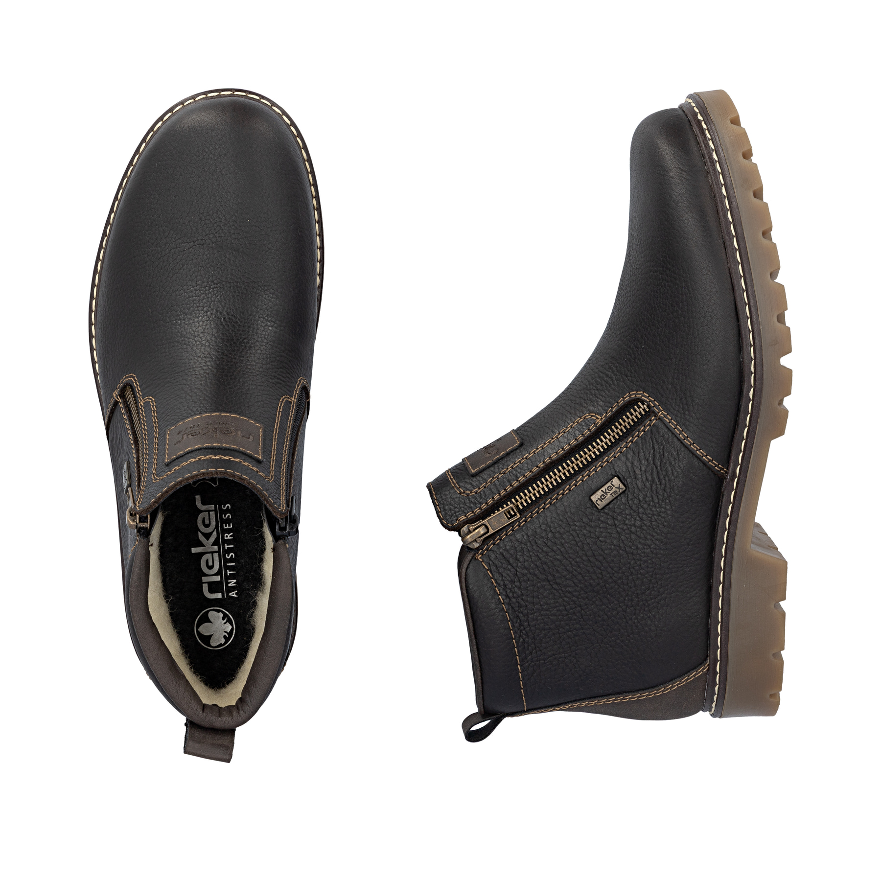 Dunkelbraune Rieker Herren Kurzstiefel 39871-25 aus Glattleder. Schuh von oben, liegend.