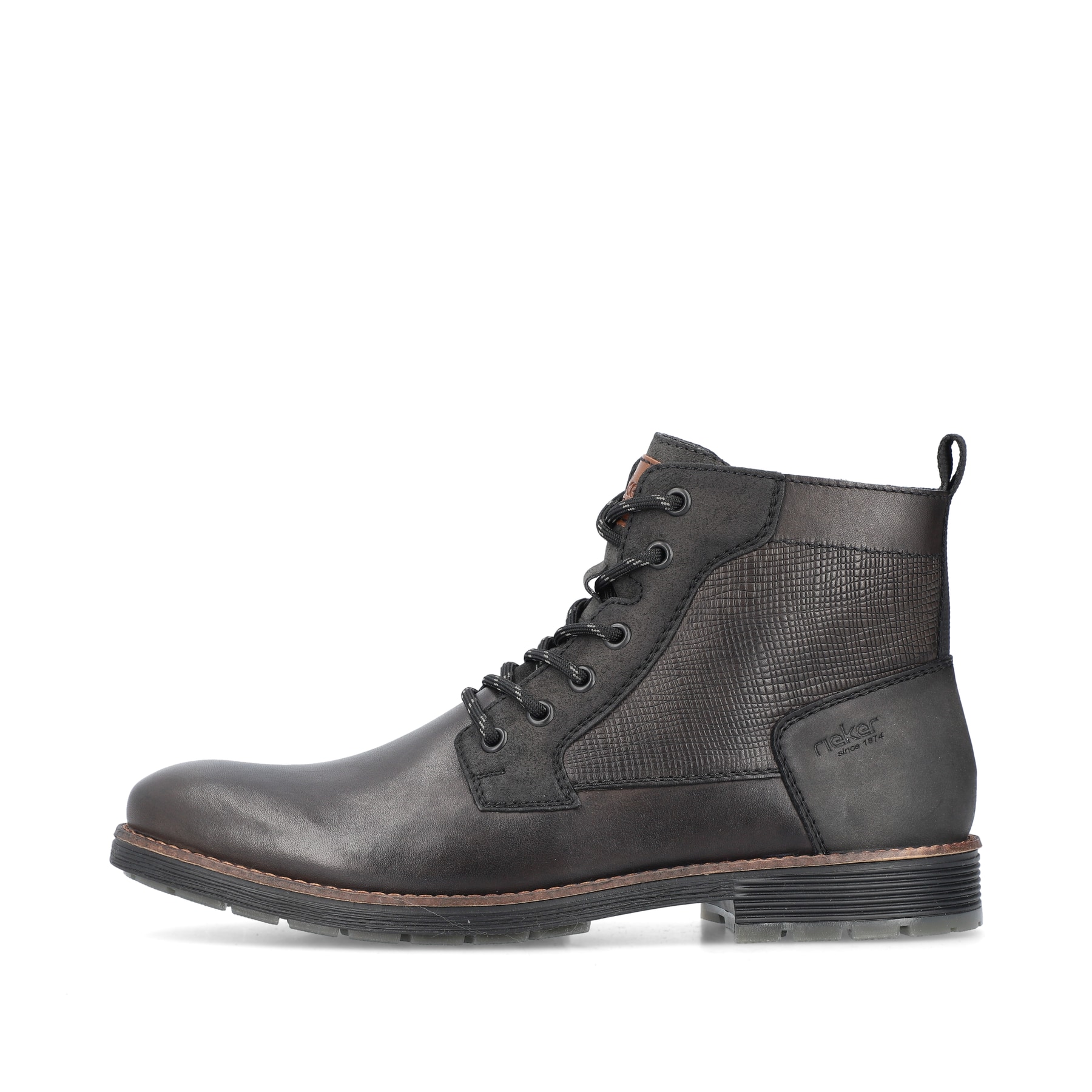 Bottes à lacets Rieker noires foncées F4521-46 avec fermeture éclair. Côté extérieur de la chaussure.