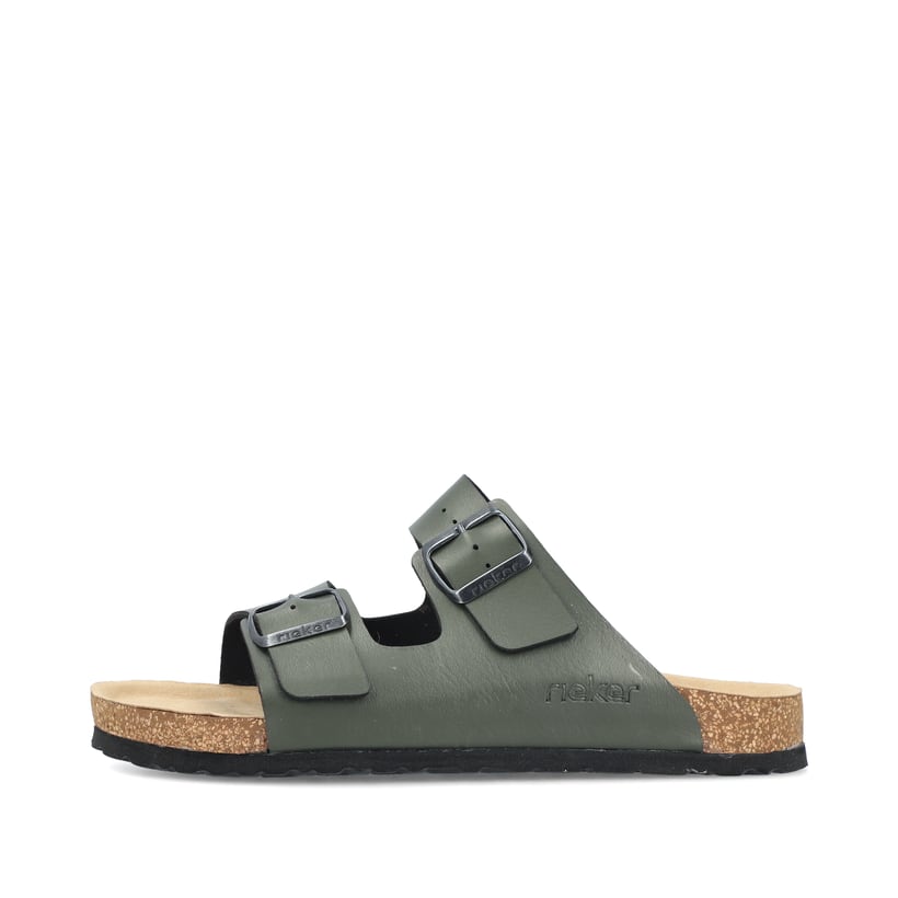 Grüne Rieker Herren Pantoletten 22190-54 mit einem Schnallen sowie Extraweite H. Schuh Außenseite.
