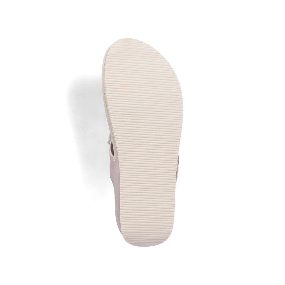 Rosafarbene vegane Rieker Damen Zehentrenner V1466-31 mit dekorativer Blume. Schuh Laufsohle.