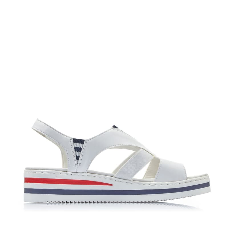 Weiße Rieker Keilsandaletten V02Y5-80 mit Gummizug sowie schmaler Passform E 1/2. Schuh Innenseite.