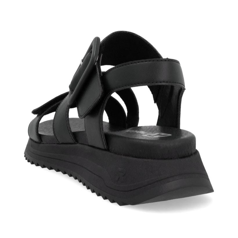 Schwarze Rieker Damen Riemchensandalen W2950-00 mit einem Klettverschluss. Schuh von hinten.