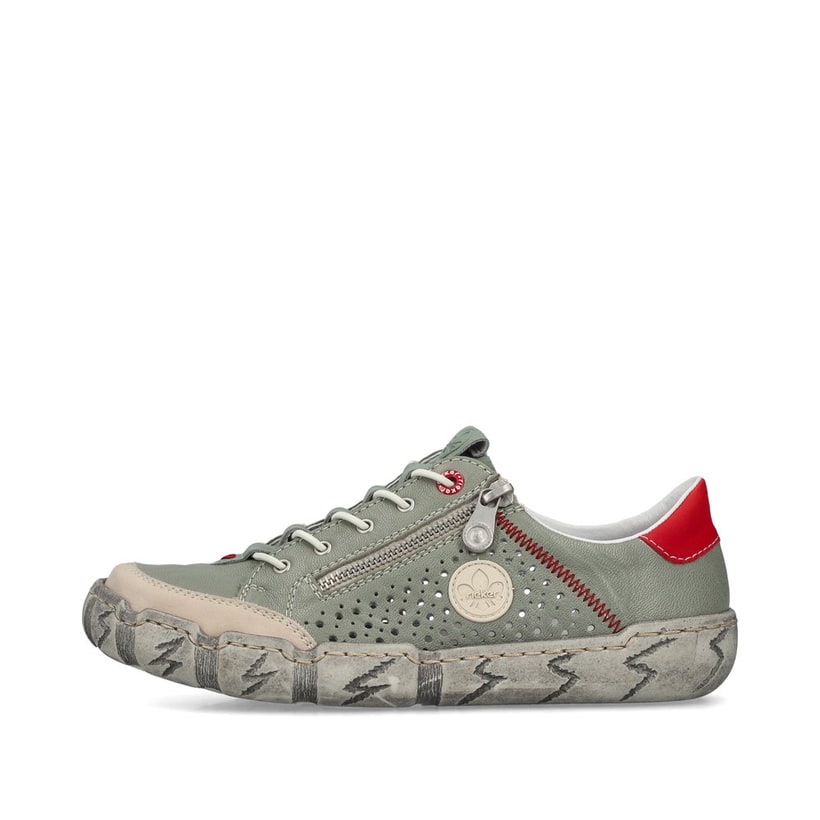 Mocassins Rieker verts pour femme L0355-52. Côté extérieur de la chaussure.