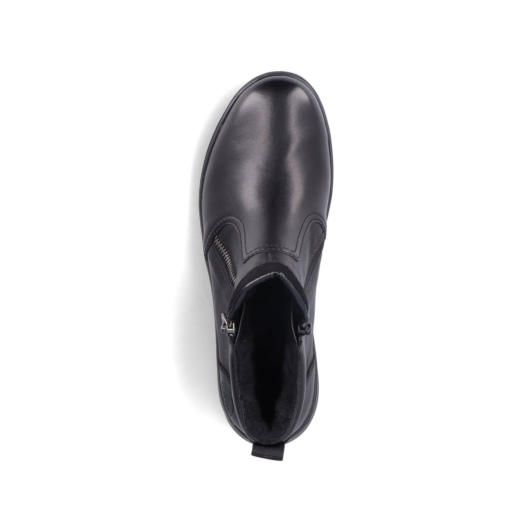 Schwarze Rieker Damen Kurzstiefel Z0060-00 aus Glattleder mit Reißverschluss. Schuh von oben.