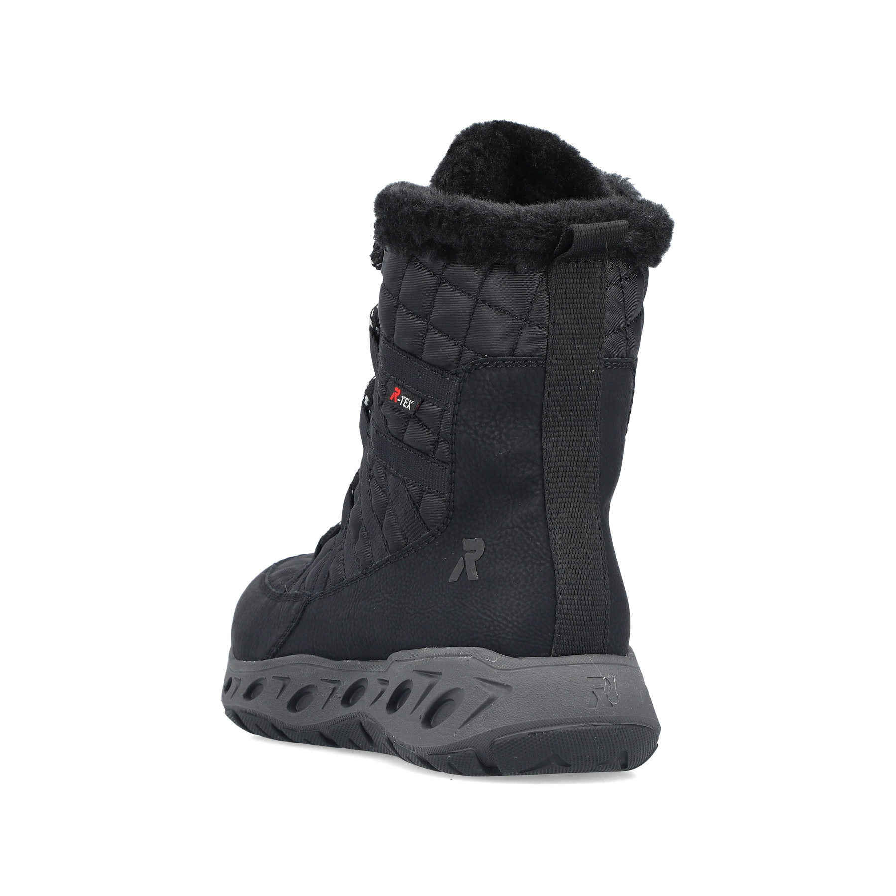 Schwarze Rieker Damen Schnürstiefel M6540-00 mit wasserabweisender TEX-Membran. Schuh von hinten.