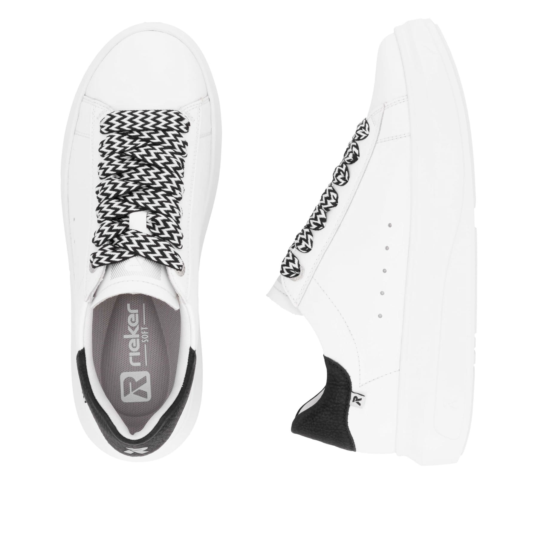 Weiße Rieker Damen Sneaker Low W1201-80 mit einer Schnürung. Schuh von oben, liegend.