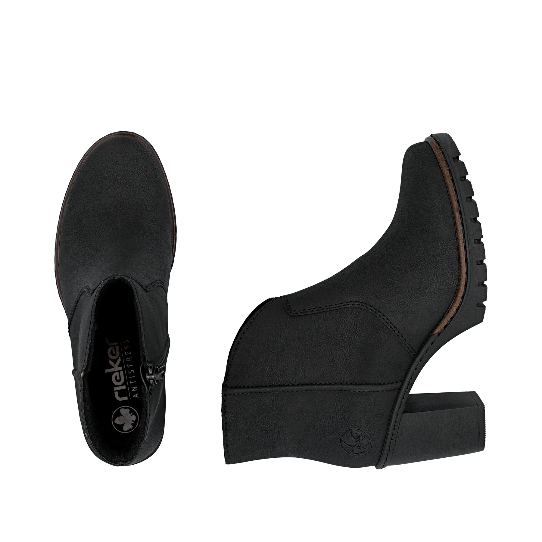 Schwarze Rieker Damen Stiefeletten Y2553-00 mit einem Reißverschluss. Schuh von oben, liegend.