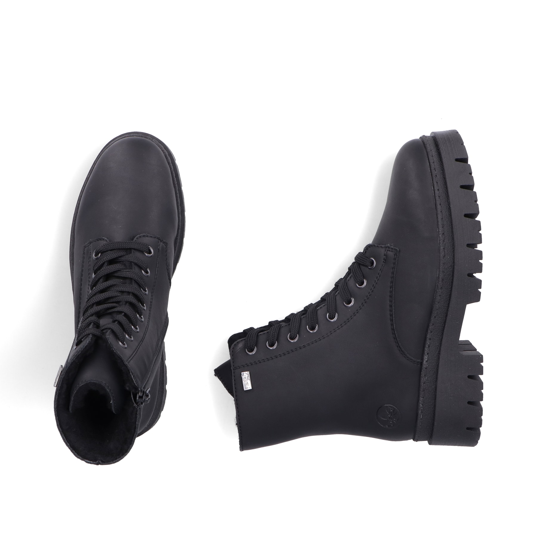 Schwarze Rieker Damen Biker Boots Z9447-00 mit wasserabweisender TEX-Membran. Schuh von oben, liegend.