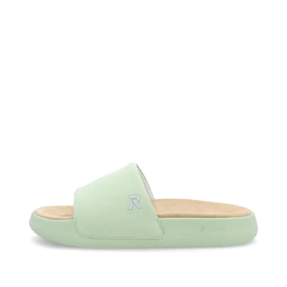 Grüne Rieker Damen Pantoletten W3250-52 mit ultraleichter und flexibler Sohle. Schuh Außenseite.