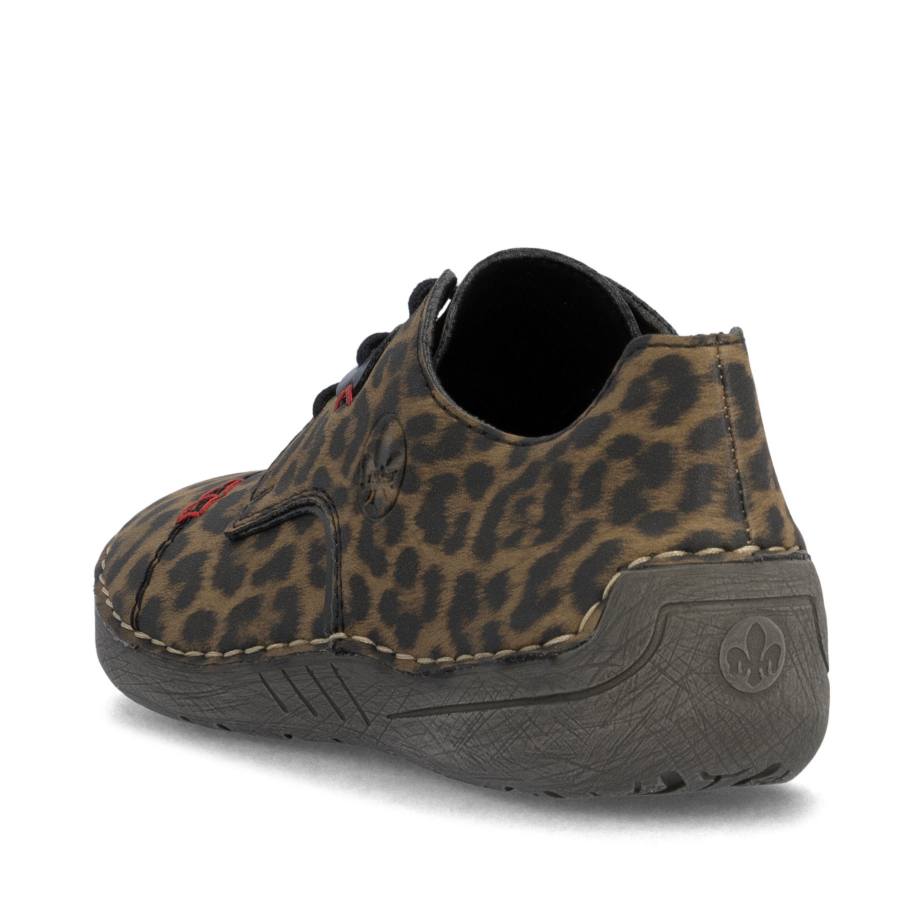 Mehrfarbige Rieker Damen Schnürschuhe 52528-90 mit Leo-Print. Schuh von hinten.