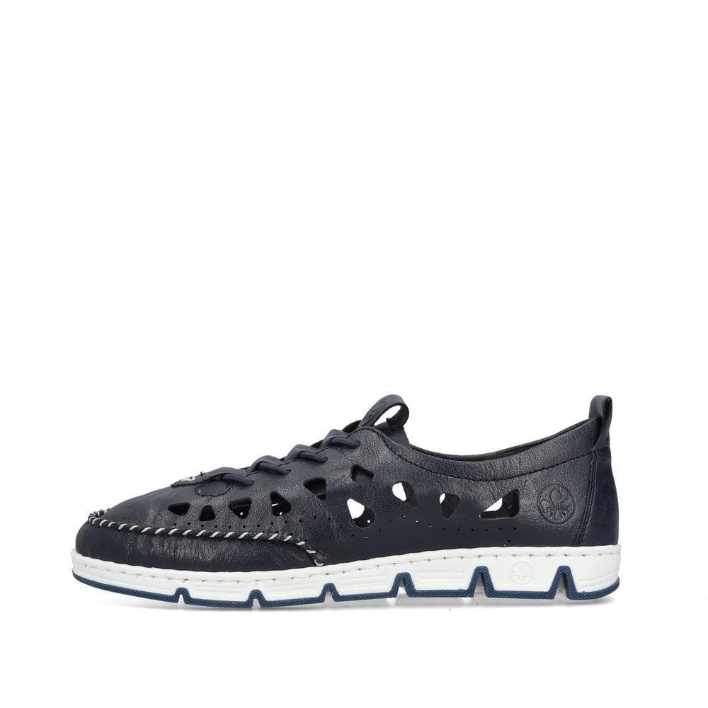 Blaue Rieker Damen Slipper 49956-14, Barfußschuhe mit einem Gummizug. Schuh Außenseite.
