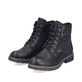 Schwarze Rieker Damen Schnürstiefel 94712-00 mit wasserabweisender TEX-Membran. Schuhpaar seitlich schräg.