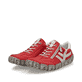 Rote Rieker Damen Slipper L0363-33 mit einem Reißverschluss. Schuhpaar seitlich schräg.