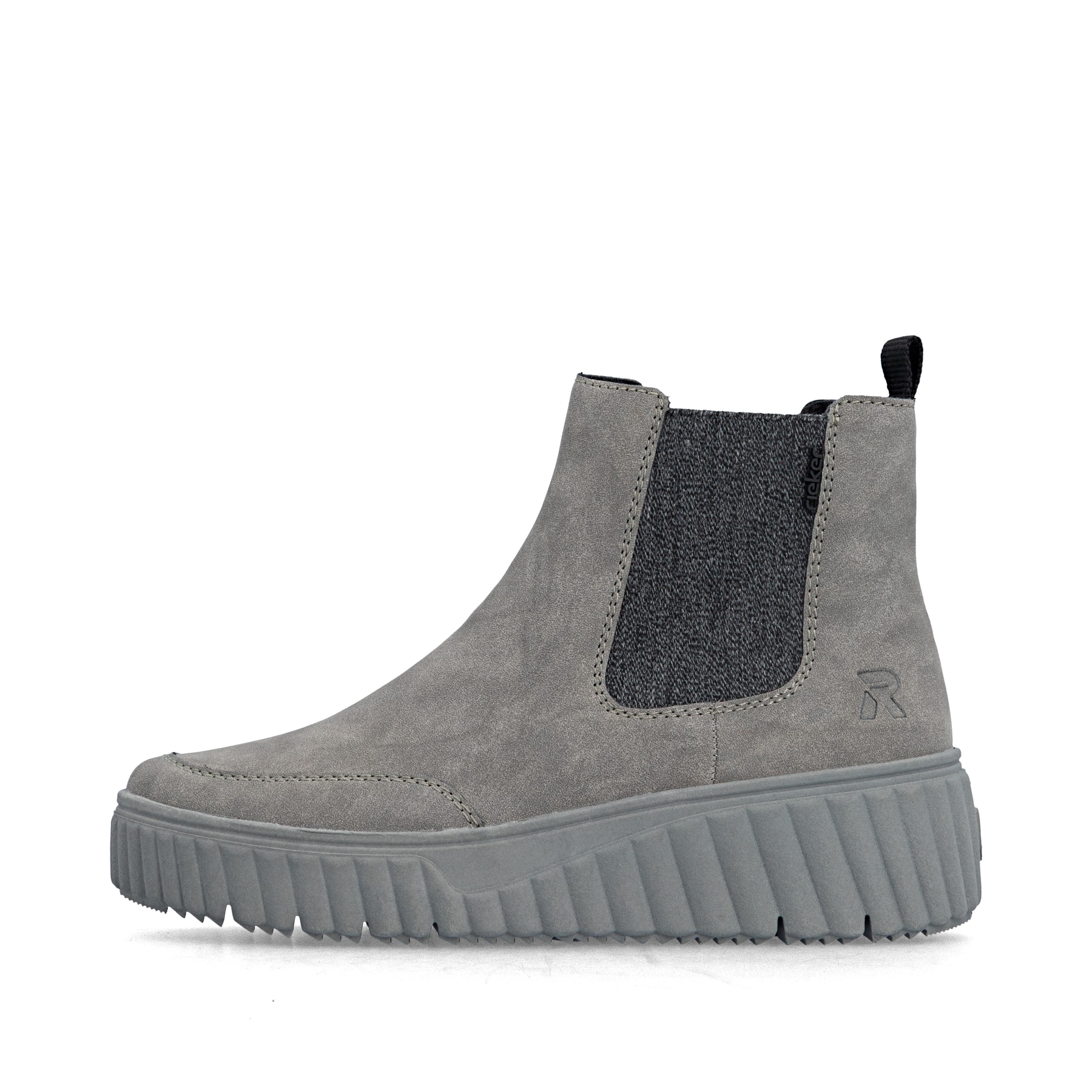 Chelsea Boots Rieker grises pour femme N2553-40 avec fermeture éclair. Côté extérieur de la chaussure.