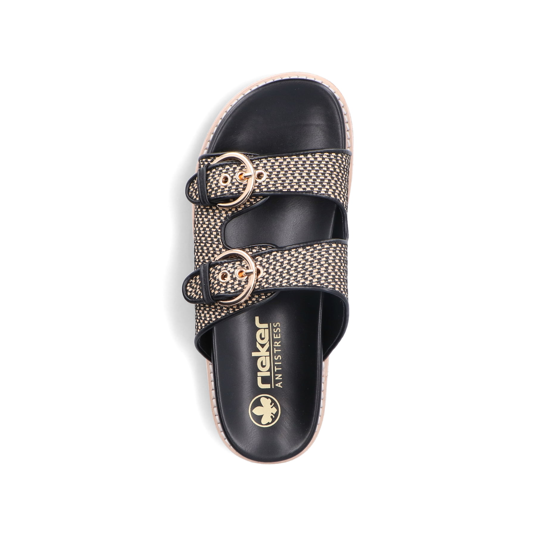 Schwarze Rieker Damen Pantoletten V9584-00 mit Schnallen sowie leichter Sohle. Schuh von oben.