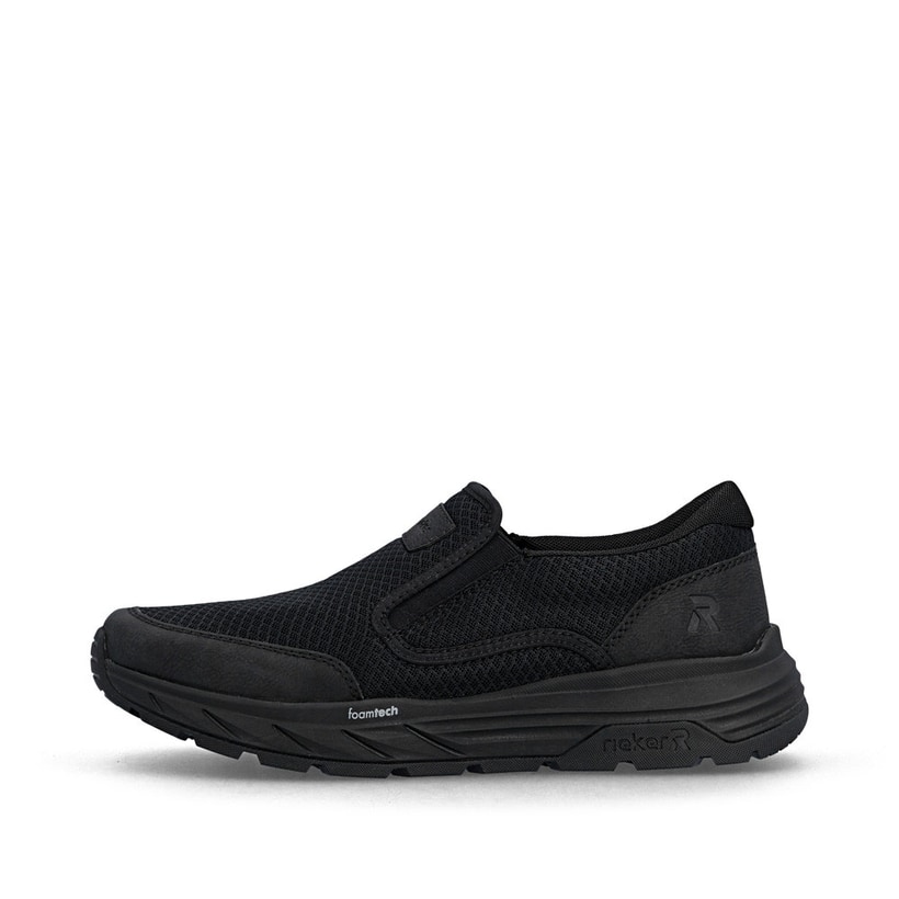 Schwarze Rieker Herren Slipper 06152-00 mit einem Gummizug sowie Gel-Fußbett. Schuh Außenseite.
