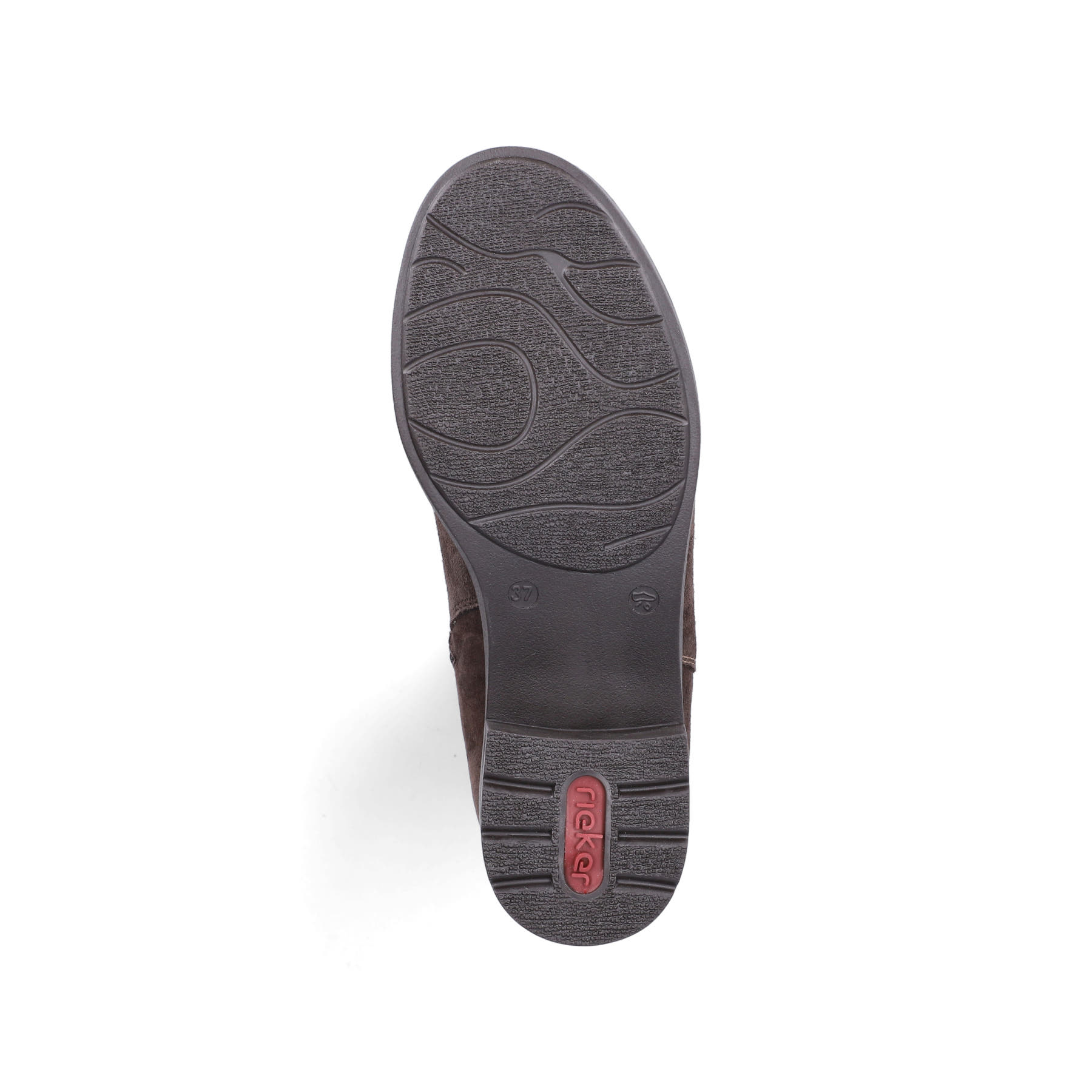 Dunkelbraune Rieker Damen Kurzstiefel 75460-24 aus Rauleder mit Reißverschluss. Schuh Laufsohle.