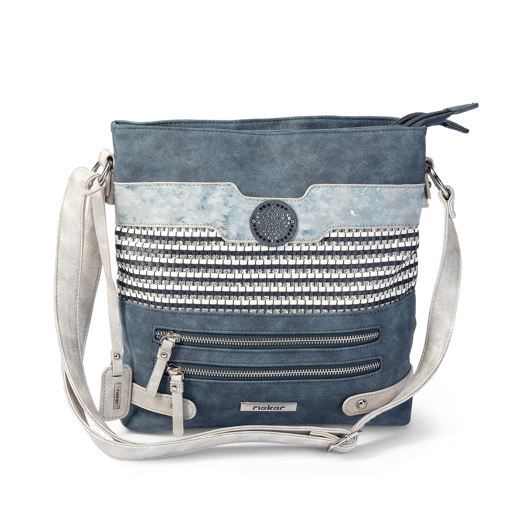 Sac à bandoulière Rieker H1346-16 bleu-combi avec un élément de design grossièrement tressé et trois compartiments intérieurs. Face avant.