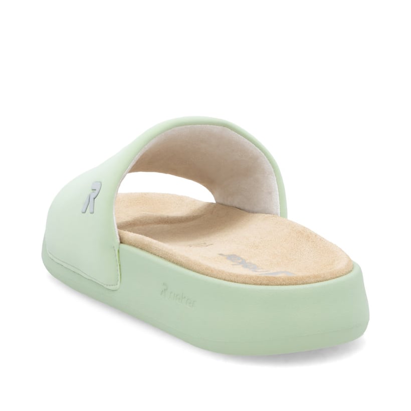 Grüne Rieker Damen Pantoletten W3250-52 mit dämpfender und ultraleichter Sohle. Schuh von hinten.