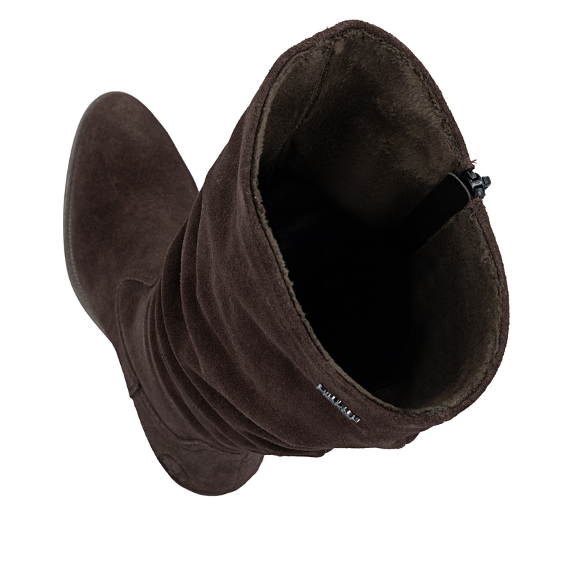 Dunkelbraune Rieker Damen Hochschaftstiefel 73159-25 aus Rauleder. Schuh von oben, liegend.