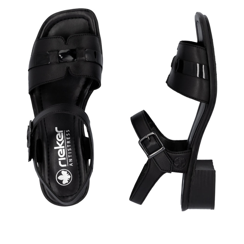 Sandales Rieker noires femme 62685-00 en cuir lisse avec boucle tendance. Chaussure vue de dessus, couchée.