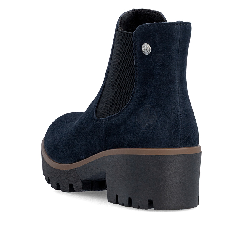 Dunkelblaue Rieker Damen Chelsea Boots 79265-14 aus Rauleder mit einem Gummizug. Schuh von hinten.
