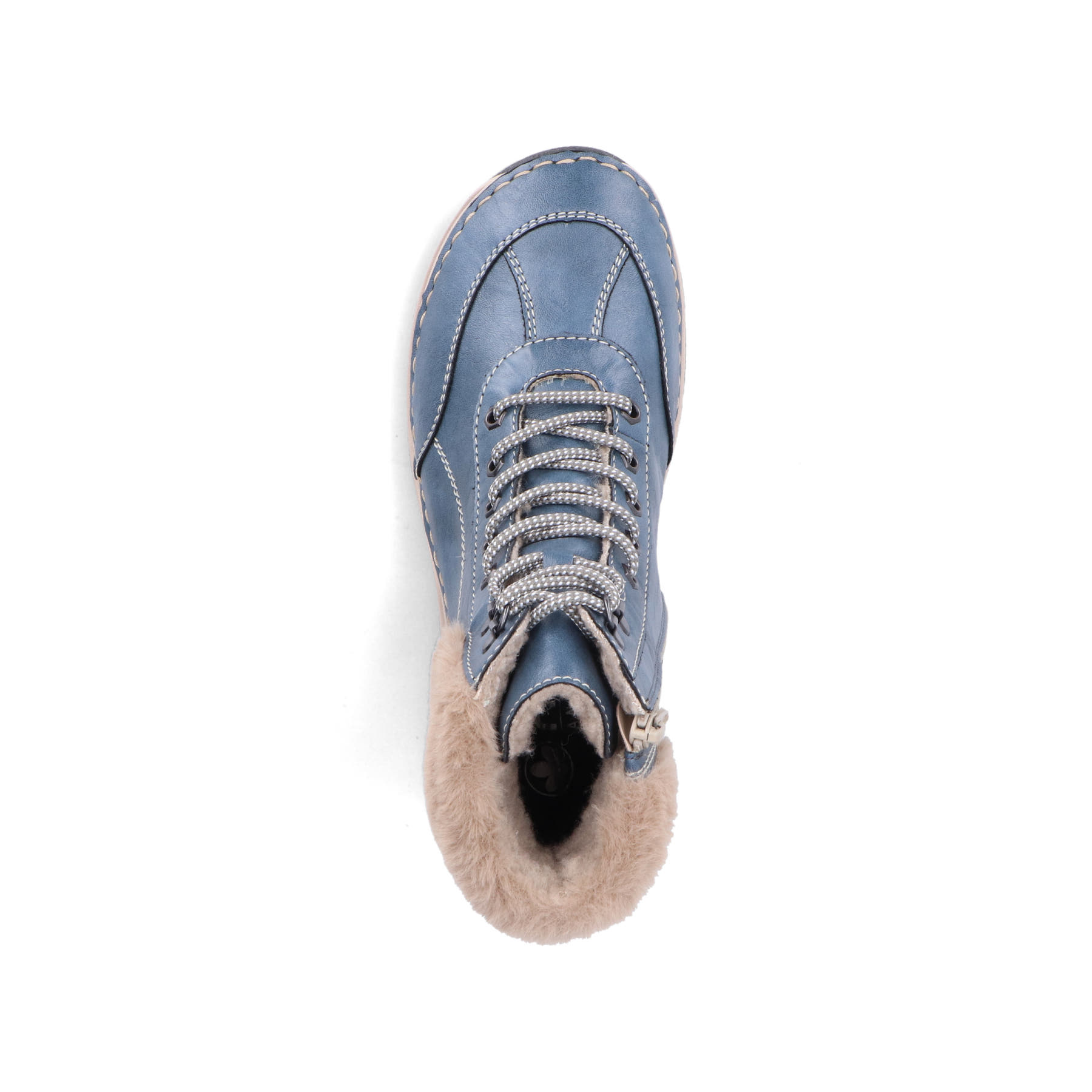 Blaubeige Rieker Damen Schnürstiefel 44530-14 mit Rieker Air Sohlenfenster. Schuh von oben.