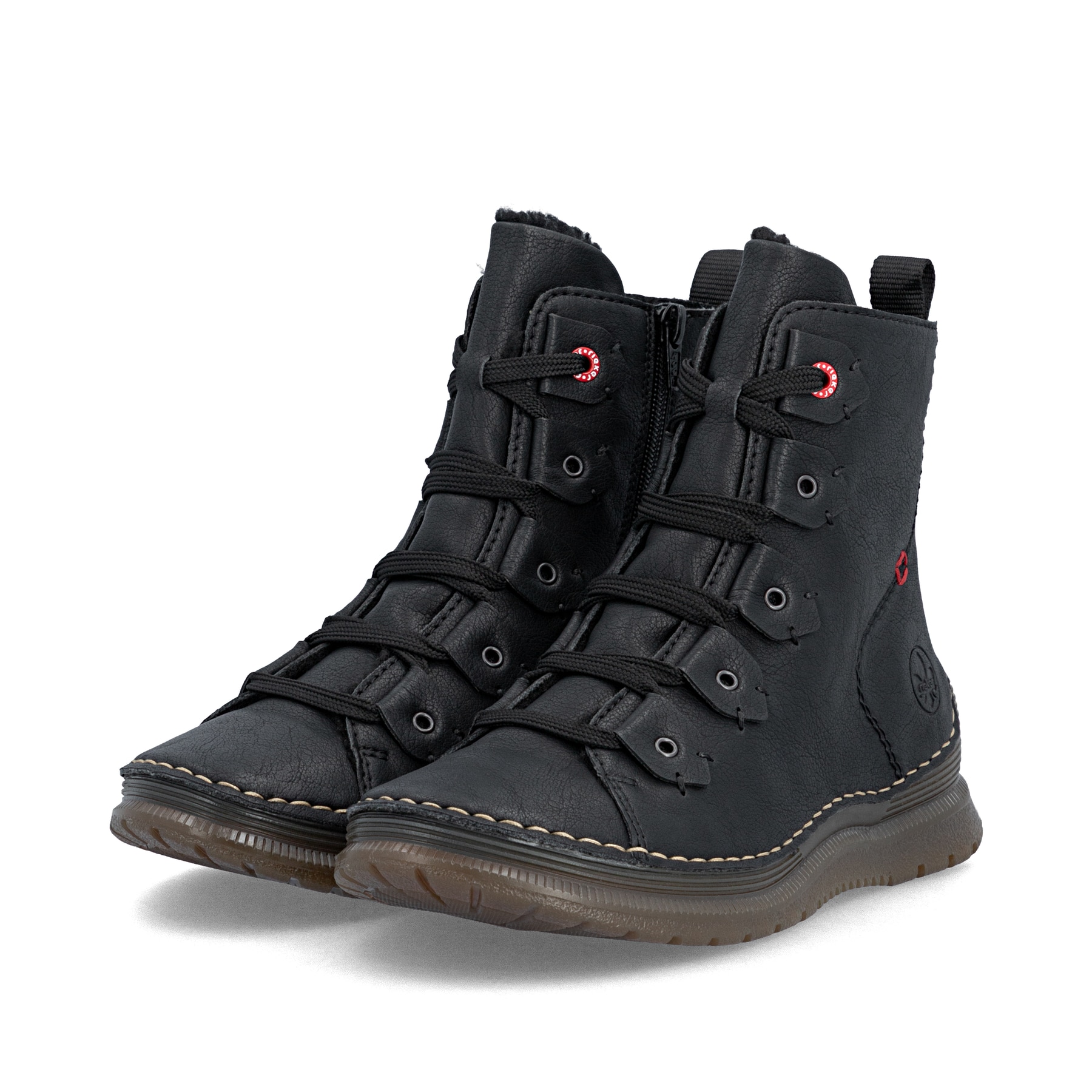 Schwarze Rieker Damen Schnürstiefel 53602-00 mit einem Reißverschluss. Schuhpaar seitlich schräg.