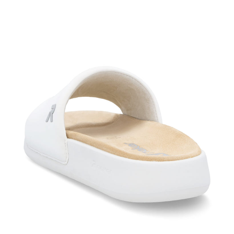 Weiße Rieker Damen Pantoletten W3250-80 mit ultraleichter und dämpfender Sohle. Schuh von hinten.