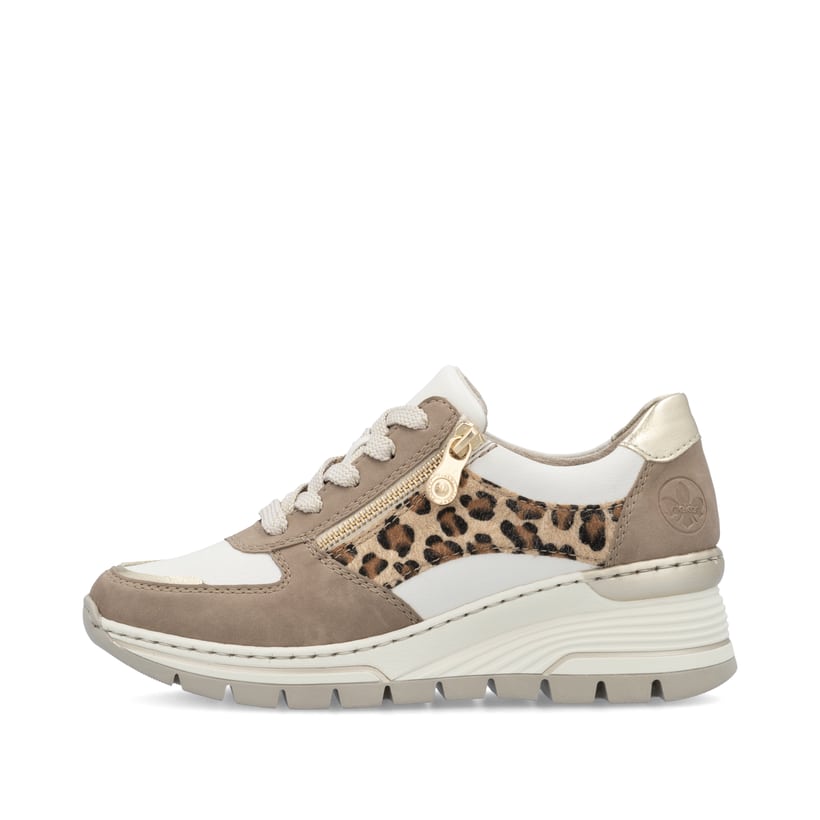 Beige Rieker Damen Sneaker Low N8308-64 mit Reißverschluss sowie Komfortweite G. Schuh Außenseite.