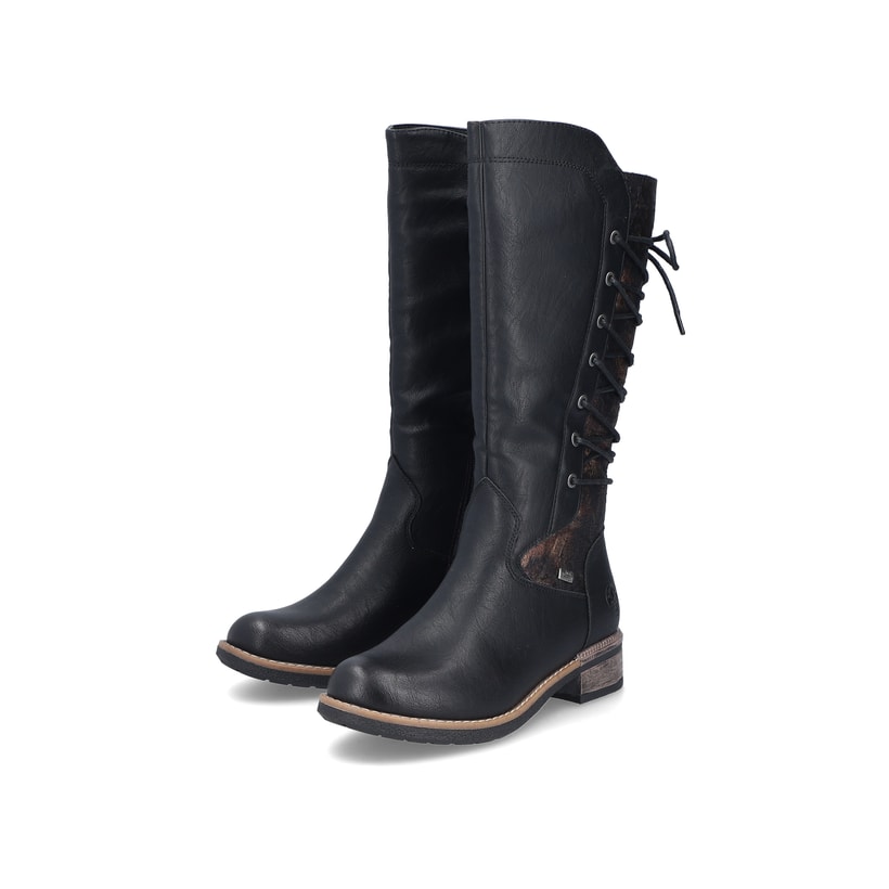 Schwarze Rieker Damen Hochschaftstiefel 94693-00 mit einem Reißverschluss. Schuhpaar seitlich schräg.