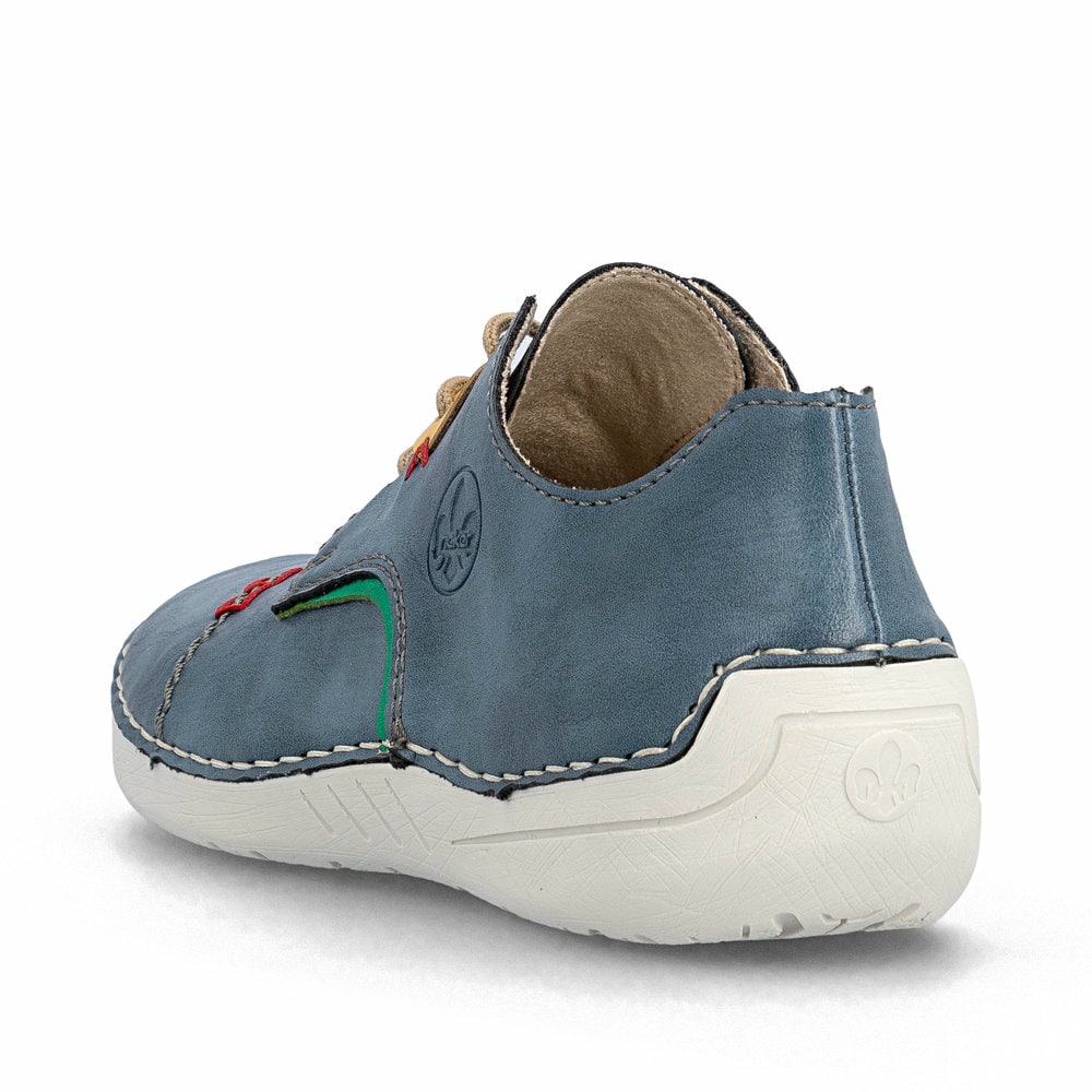 Blaue Rieker Damen Schnürschuhe 52528-14 mit einer extra weichen Decksohle. Schuh von hinten.