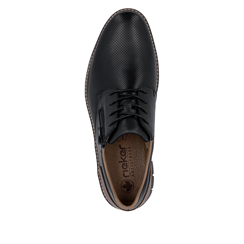 Schwarze Rieker Herren Schnürschuhe 14412-00 aus Glattleder mit Reißverschluss. Schuh von oben.