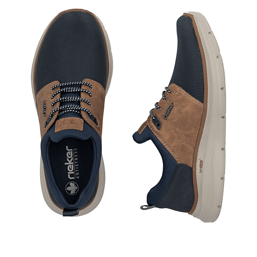 Dunkelblau-schwarze Rieker Herren Slipper B1850-14 mit lightsole+ sowie Gummizug. Schuh von oben, liegend.