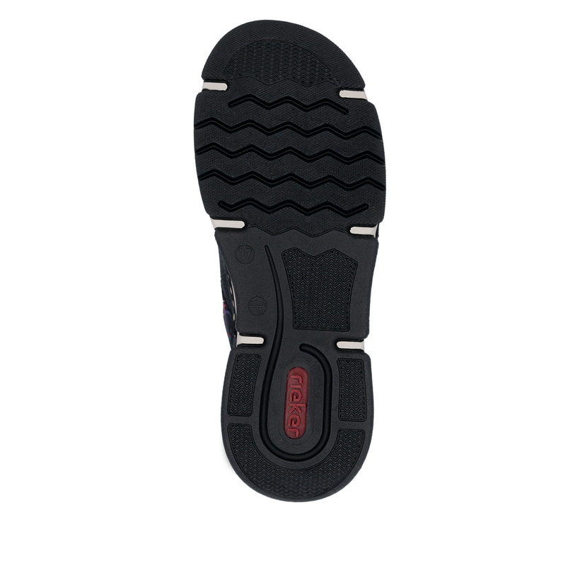 Schwarze Rieker Damen Slipper 45957-00 mit elastischem Schaftrand. Schuh Laufsohle.