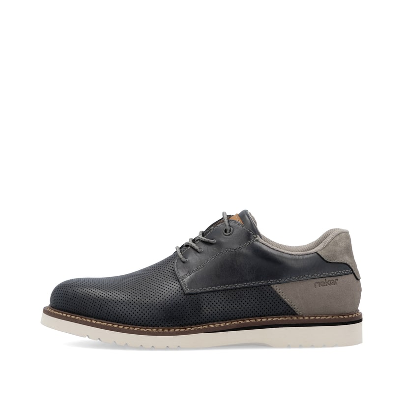 Blaue Rieker Herren Slipper 04551-14 mit modernen Ziernähten sowie Gummizug. Schuh Außenseite.