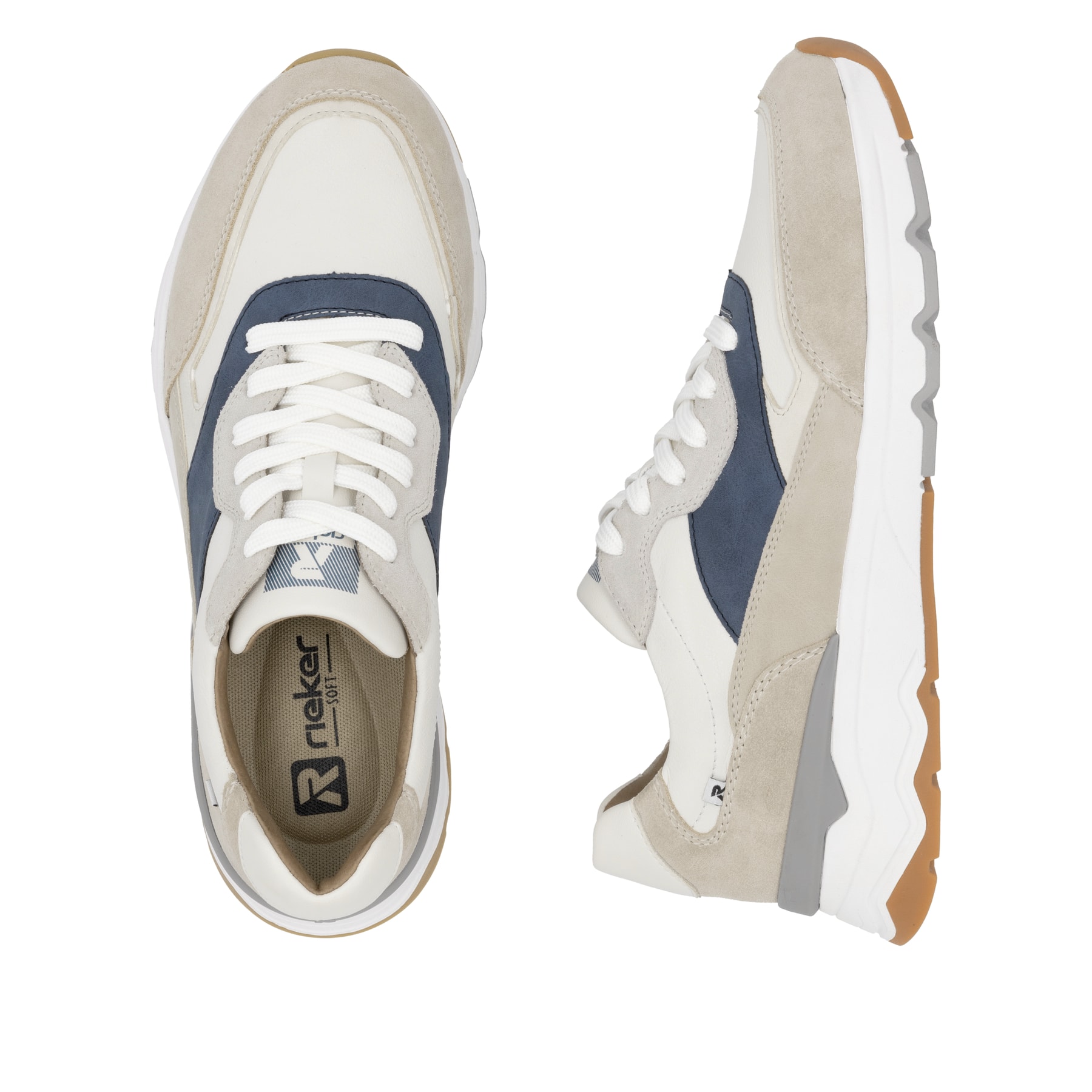 Beige Rieker Herren Sneaker Low U0906-81 mit Schnürung sowie flexibler Sohle. Schuh von oben, liegend.