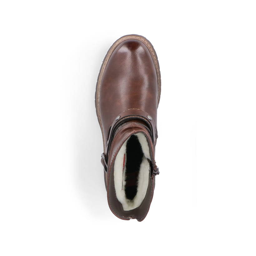 Braune Rieker Damen Biker Boots 93062-25 mit Reißverschluss sowie leichter Sohle. Schuh von oben.
