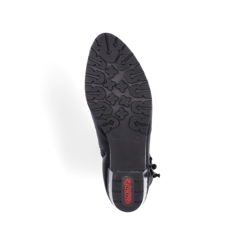 Tiefschwarze Rieker Damen Stiefeletten Y17R2-00 mit Reißverschluss sowie Blockabsatz. Schuh Laufsohle