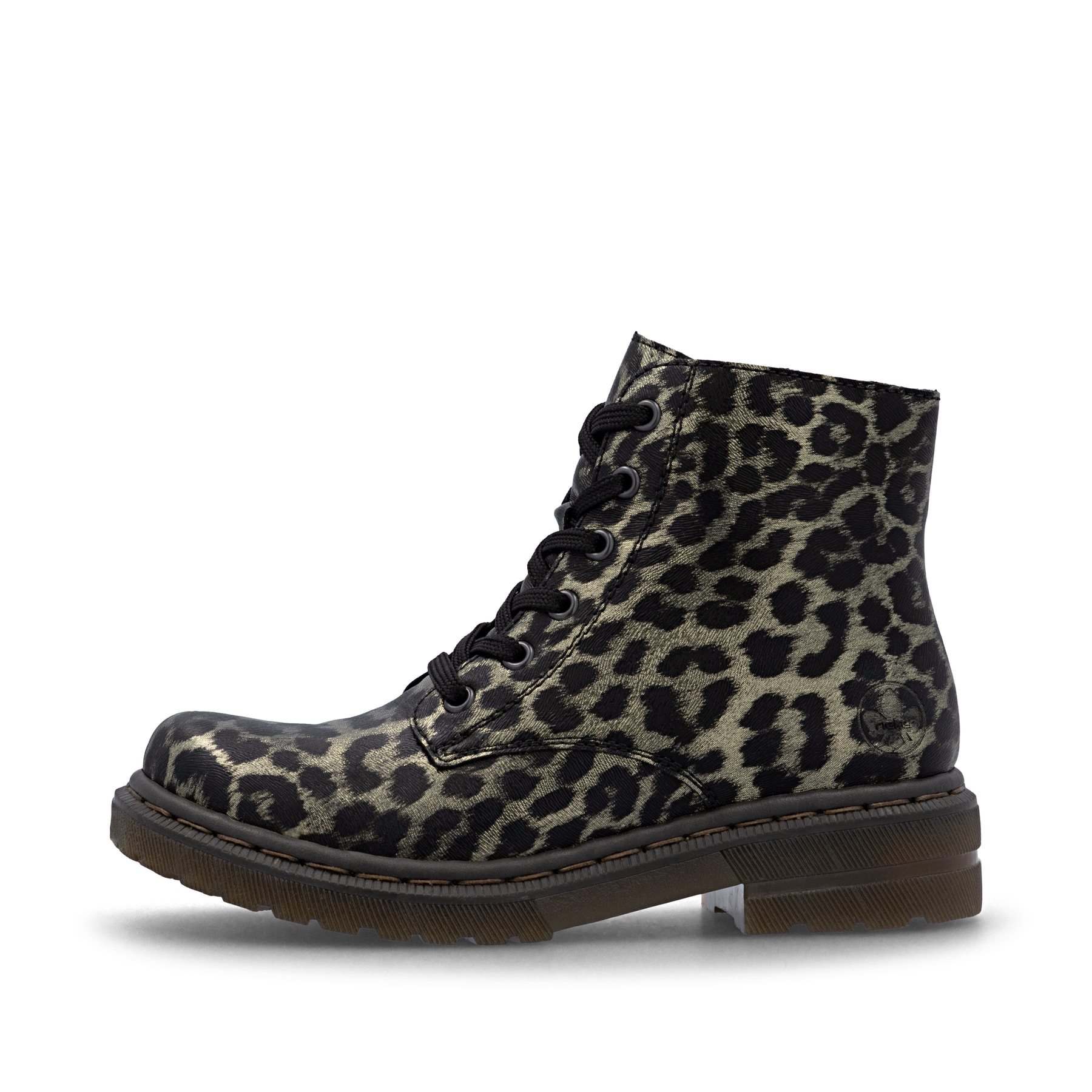 Gold-schwarze Rieker Damen Biker Boots 78240-90 mit einem Reißverschluss. Schuh Außenseite.