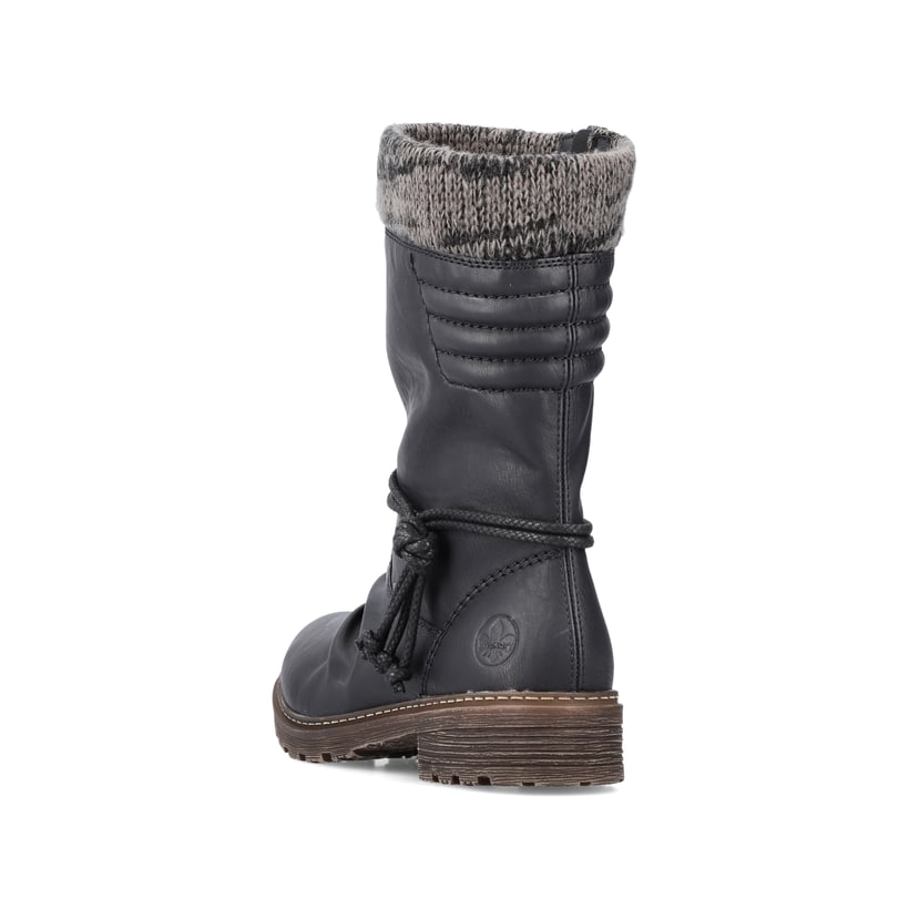 Schwarze Rieker Damen Hochschaftstiefel Z4755-00 mit Strick-Kragen. Schuh von hinten.