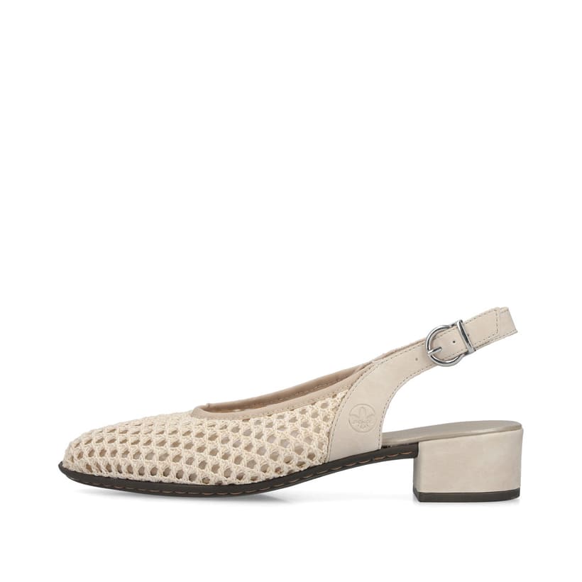 Beige Rieker Slingpumps 47060-60 mit eleganten Zierlochungen sowie Schnallen. Schuh Außenseite.