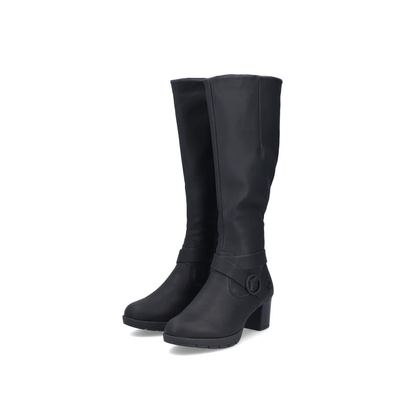 Schwarze Rieker Damen Hochschaftstiefel 77690-00 mit einem Reißverschluss. Schuhpaar seitlich schräg.