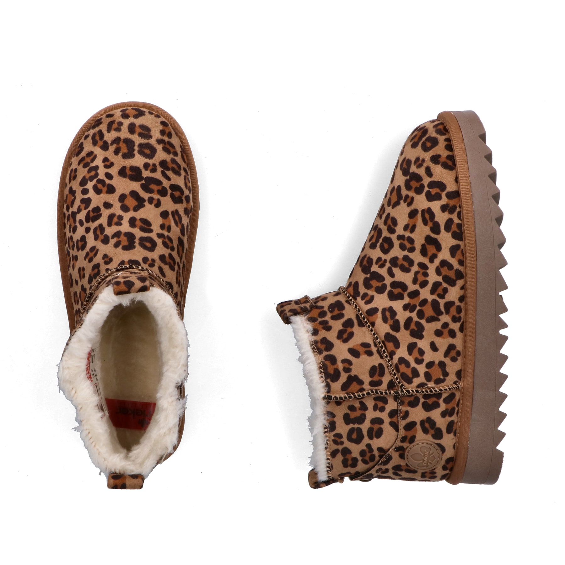 Braune Rieker Damen Kurzstiefel 99861-25 mit Leo-Print sowie der Komfortweite G. Schuh von oben, liegend.
