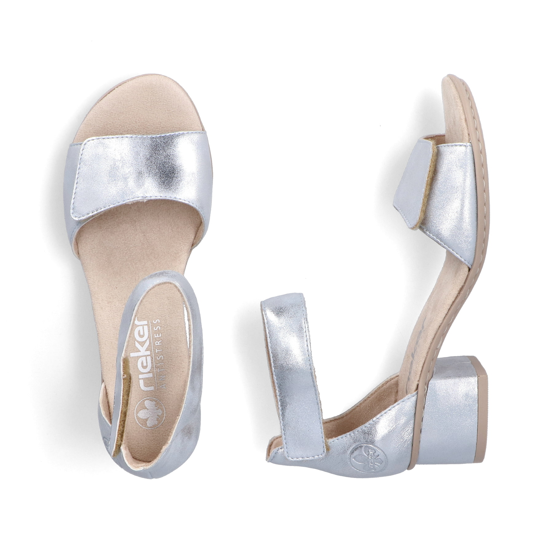 Blaue Rieker Riemchensandaletten 64960-12 mit einem Klettverschluss. Schuh von oben, liegend.